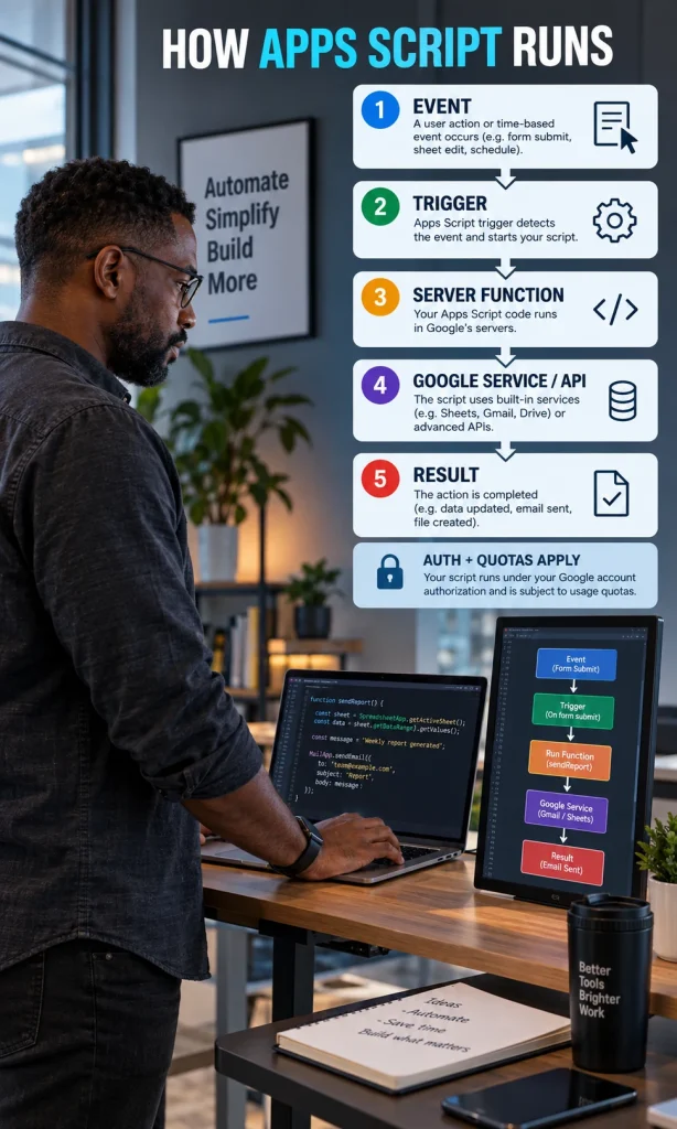 Five-stage Apps Script execution flow from event and trigger to server function, Google service and result.