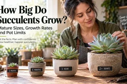 Gardener comparing a small potted succulent with larger mature succulent forms to show how final size depends on species.