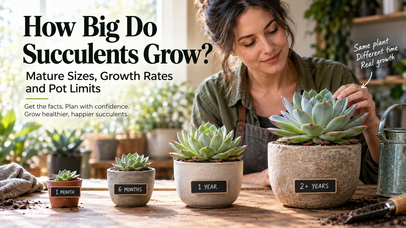Gardener comparing a small potted succulent with larger mature succulent forms to show how final size depends on species.