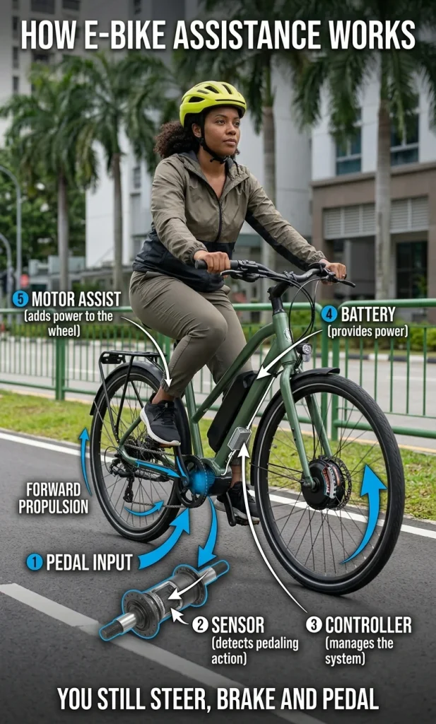 E-bike rider with labeled flow from pedal input through sensor, controller, battery and motor to assisted wheel movement