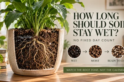 Transparent cutaway houseplant pot showing wet lower soil becoming progressively less saturated while healthy roots remain visible through the drying cycle.