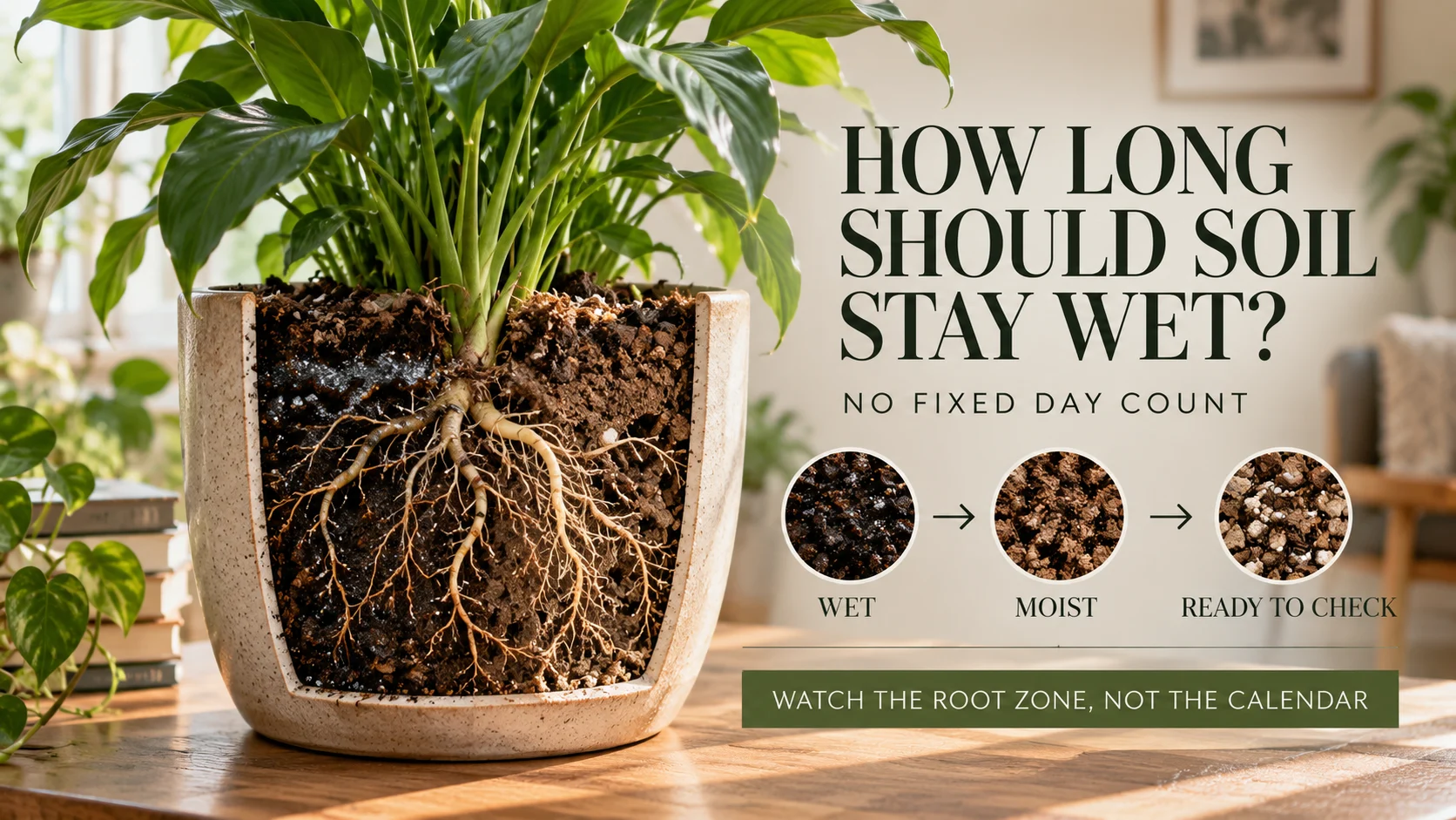 Transparent cutaway houseplant pot showing wet lower soil becoming progressively less saturated while healthy roots remain visible through the drying cycle.