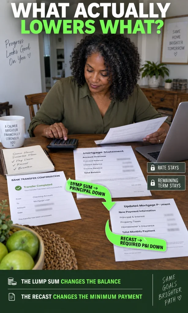 Homeowner applying a lump-sum principal payment to a mortgage before the remaining balance is re-amortized at the same rate and remaining term.