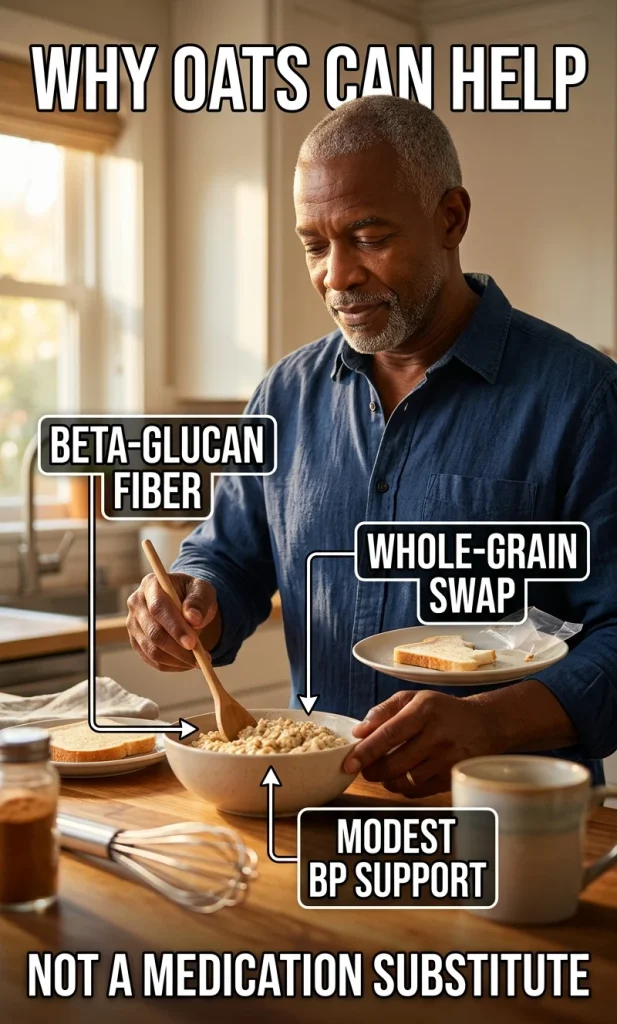 Visual explanation showing plain oatmeal, beta-glucan fiber, and a modest blood-pressure support pathway within a heart-healthy eating pattern.
