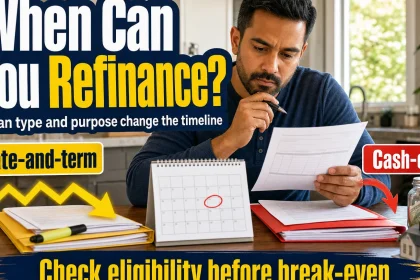 Homeowner compares a mortgage calendar and refinance documents while weighing rate-and-term refinancing against cash-out refinancing after buying a house.