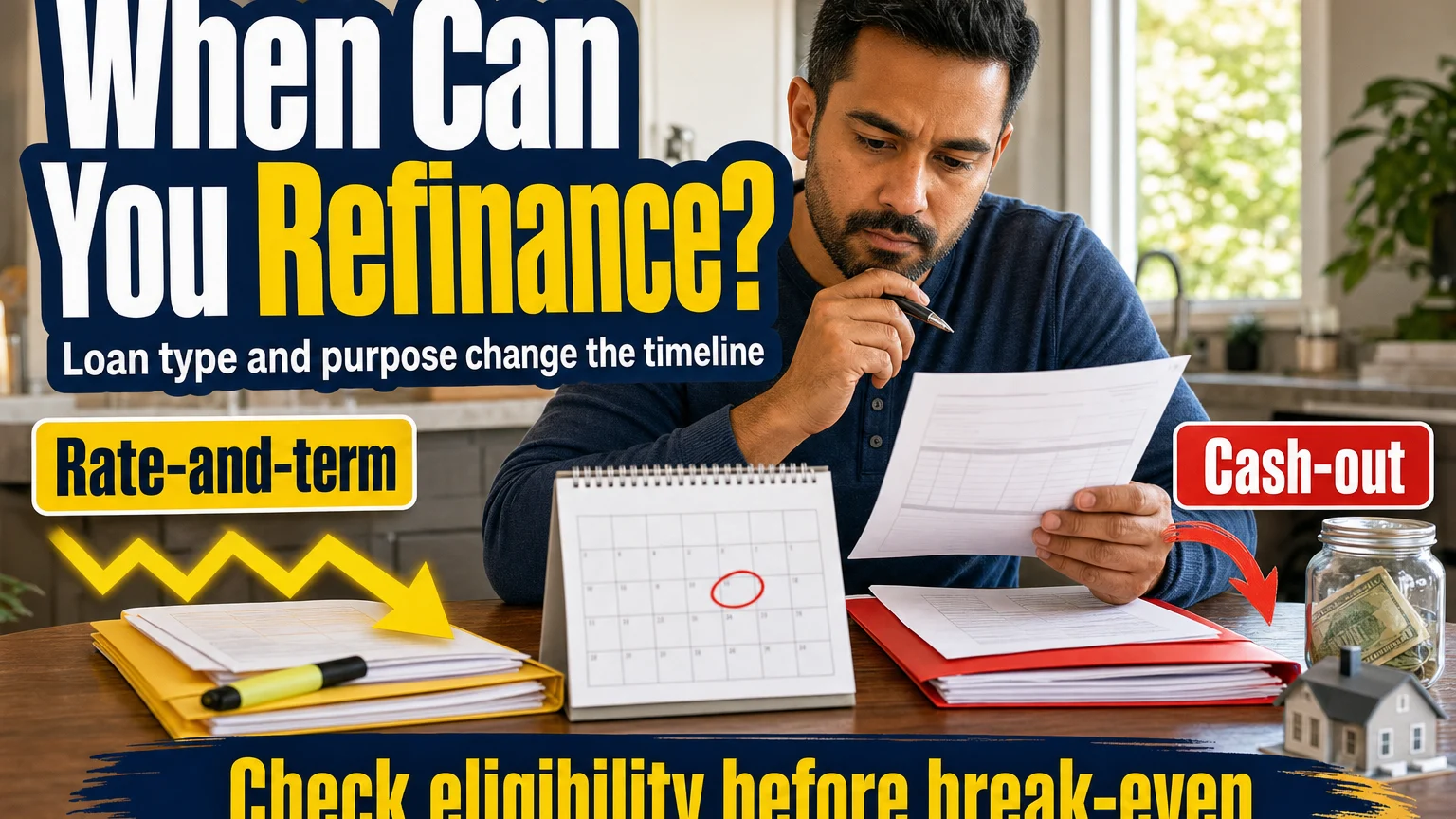 Homeowner compares a mortgage calendar and refinance documents while weighing rate-and-term refinancing against cash-out refinancing after buying a house.