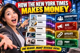 Woman pointing between News, Games, Cooking, Sports and Shopping content paths that lead to subscriptions, advertising, affiliate revenue and print.