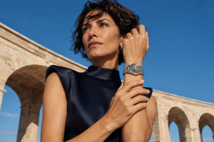Woman checking the fit of a wristwatch against her wrist in a luxury editorial setting