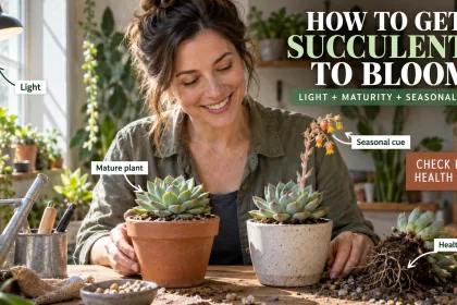 Home gardener comparing a healthy non-blooming succulent with a flowering succulent while checking light and seasonal conditions.