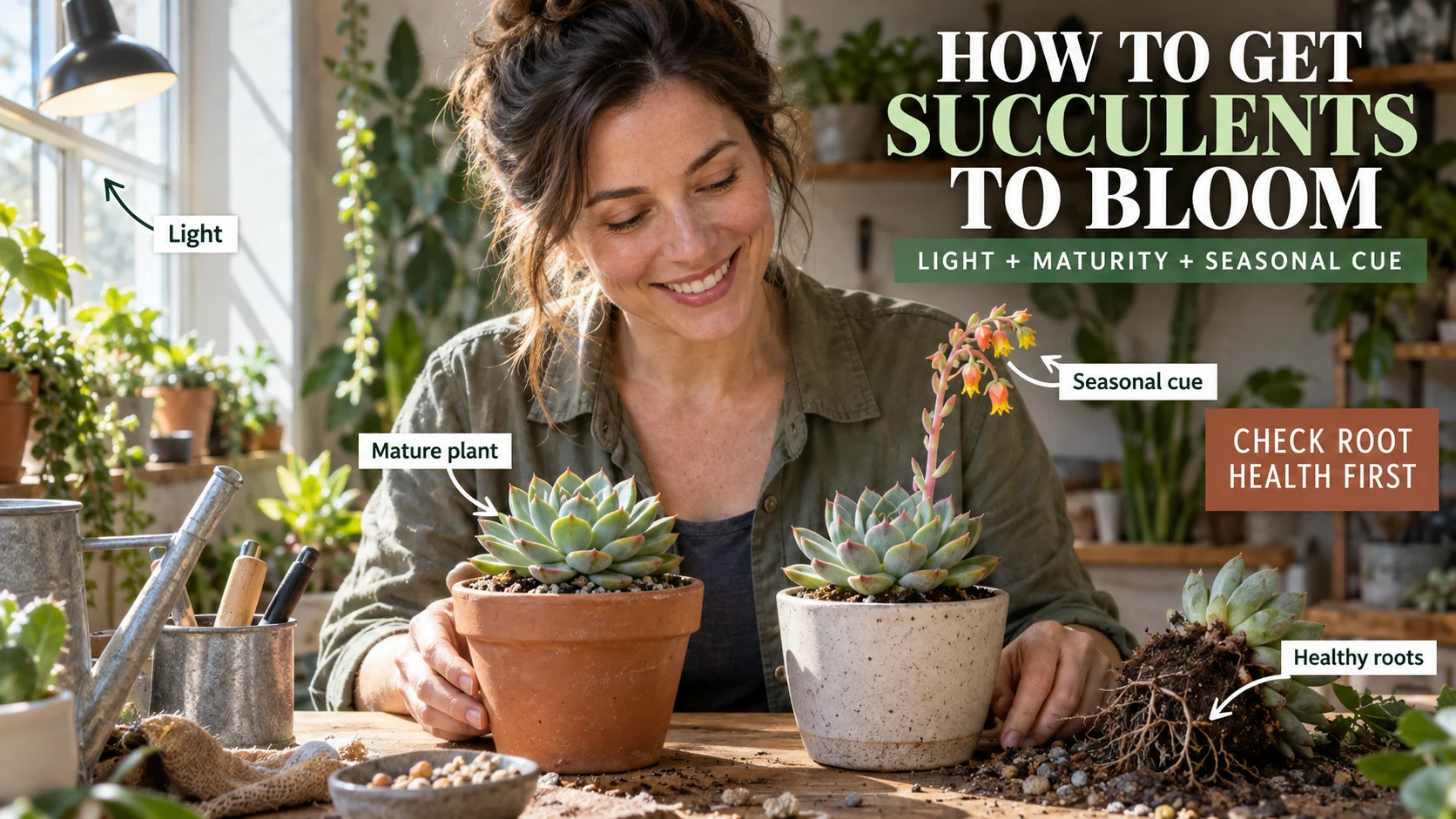 Home gardener comparing a healthy non-blooming succulent with a flowering succulent while checking light and seasonal conditions.