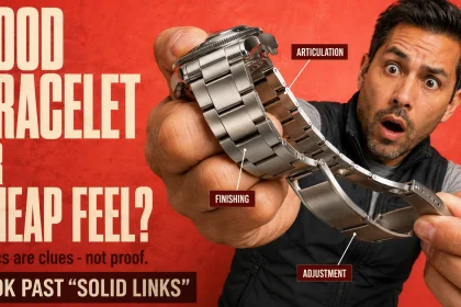 Man comparing the flexibility and clasp feel of a metal watch bracelet while callouts highlight articulation, finishing and adjustment quality.