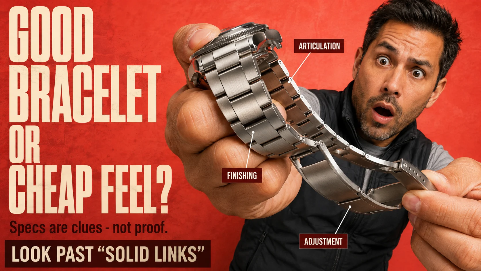 Man comparing the flexibility and clasp feel of a metal watch bracelet while callouts highlight articulation, finishing and adjustment quality.