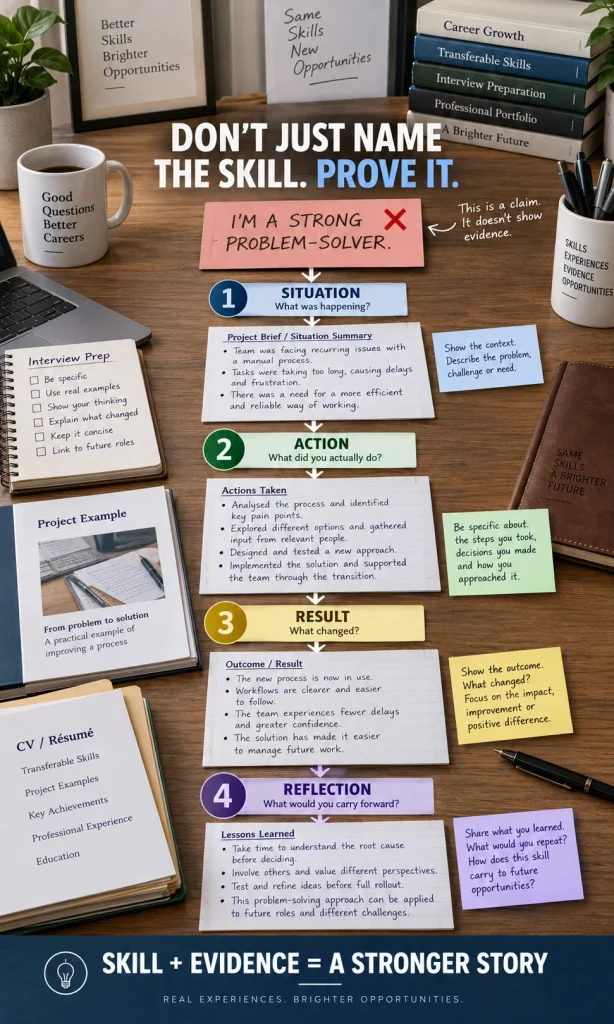 Visual framework converting a transferable skill claim into a specific situation, action, result and lesson that can be discussed with an employer.