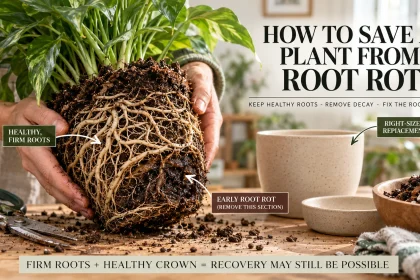 Houseplant removed from its pot showing healthy and rotten roots during root rot rescue