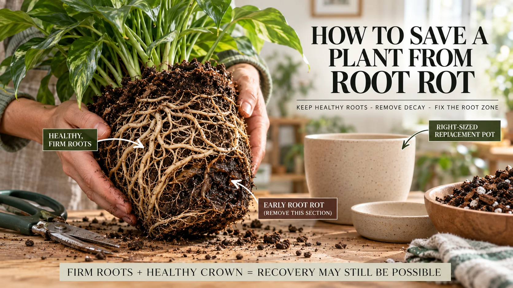 Houseplant removed from its pot showing healthy and rotten roots during root rot rescue