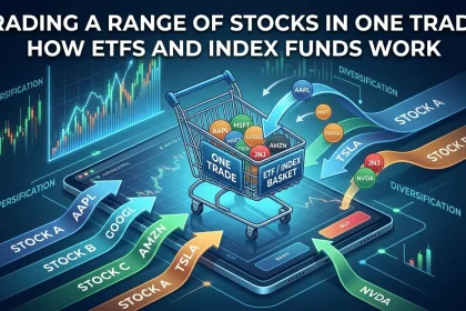 An infographic visualization in a 16:9 ratio, showing a digital shopping cart labeled 'ONE TRADE' and 'ETF / INDEX BASKET' on a trading platform interface. Various stock tickers like 'AAPL', 'MSFT', 'GOOGL', 'AMZN', 'TSLA', 'JNJ', 'NVDA' are shown moving into the basket via arrows. Glowing charts and text 'DIVERSIFICATION' are in the background, with a title 'TRADING A RANGE OF STOCKS IN ONE TRADE: HOW ETFS AND INDEX FUNDS WORK' at the top.