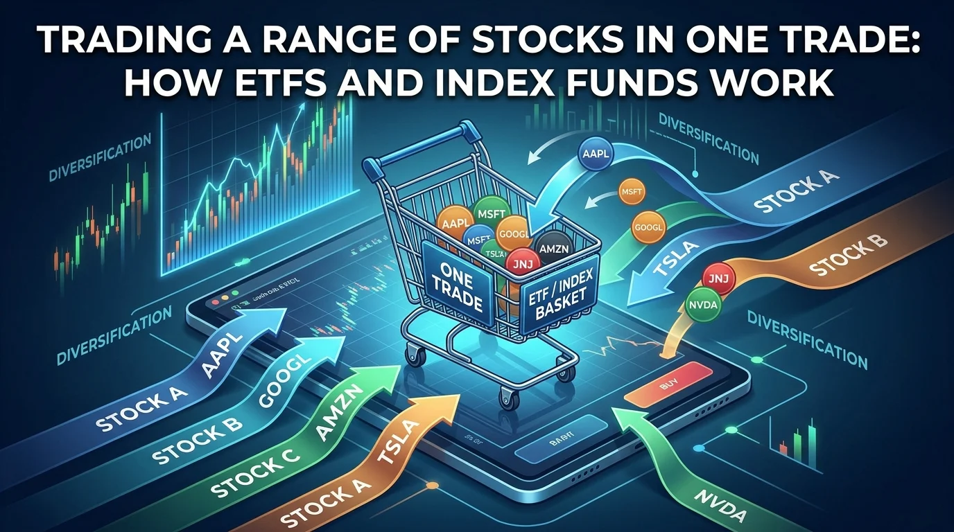 An infographic visualization in a 16:9 ratio, showing a digital shopping cart labeled 'ONE TRADE' and 'ETF / INDEX BASKET' on a trading platform interface. Various stock tickers like 'AAPL', 'MSFT', 'GOOGL', 'AMZN', 'TSLA', 'JNJ', 'NVDA' are shown moving into the basket via arrows. Glowing charts and text 'DIVERSIFICATION' are in the background, with a title 'TRADING A RANGE OF STOCKS IN ONE TRADE: HOW ETFS AND INDEX FUNDS WORK' at the top.