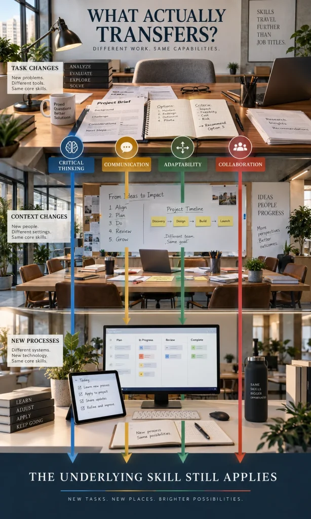 Visual showing critical thinking, communication, adaptability and collaboration moving between different workplace situations while job-specific tasks change.