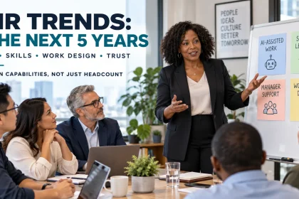 HR leader presenting AI-assisted work, skills and workforce-design priorities to a diverse leadership team for the next five years.