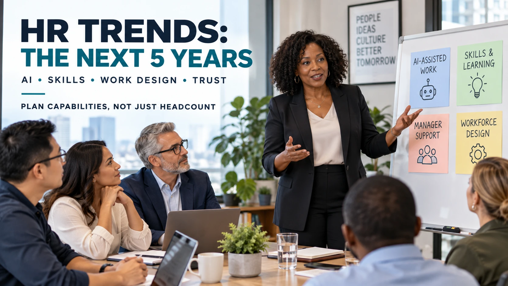 HR leader presenting AI-assisted work, skills and workforce-design priorities to a diverse leadership team for the next five years.