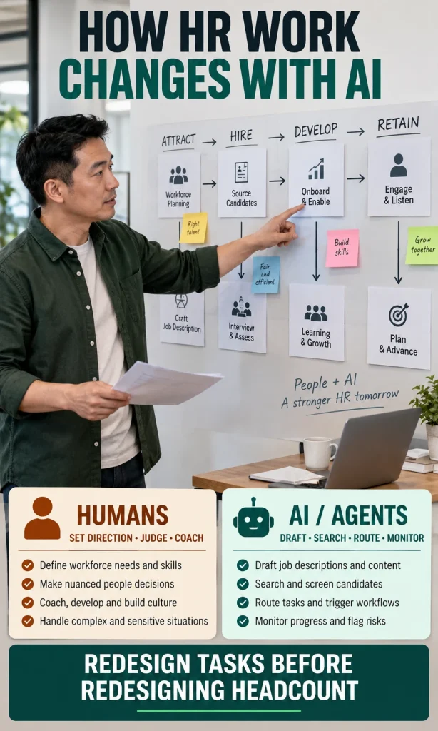 HR operations leader mapping recruitment, development and retention tasks between human judgment and AI-agent support.