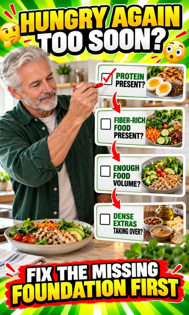 Decision path checking protein, fiber, meal volume and calorie-dense extras when hunger returns soon after a meal.