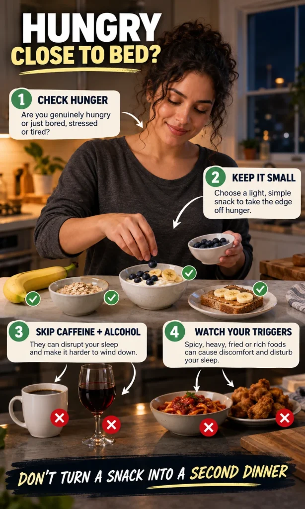 Woman preparing a small yogurt and fruit snack with a four-step checklist for late-night hunger