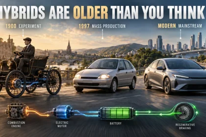 Early 1900s gasoline-electric vehicle transitioning into a modern hybrid car to illustrate more than a century of hybrid vehicle evolution