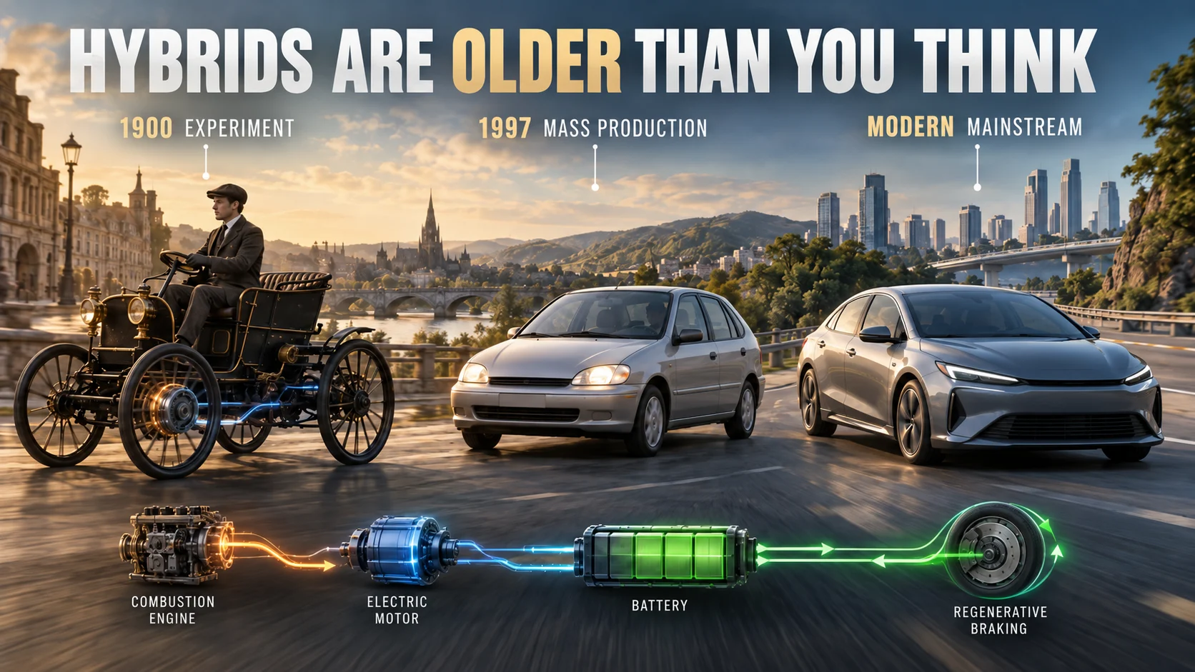 Early 1900s gasoline-electric vehicle transitioning into a modern hybrid car to illustrate more than a century of hybrid vehicle evolution