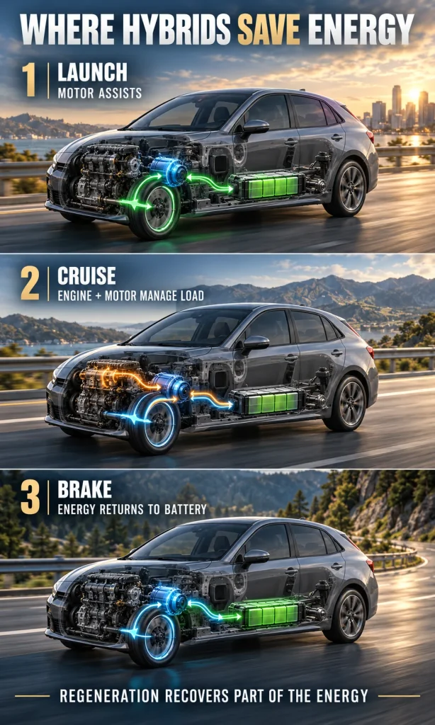 Hybrid vehicle energy flow showing engine, electric motor, battery and regenerative braking during launch, cruise and braking