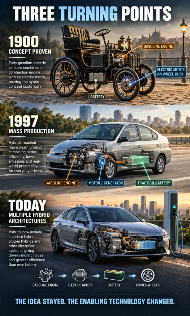 Hybrid vehicle evolution comparison showing an early 1900s series hybrid, a 1997 mass-market hybrid and a modern electrified vehicle