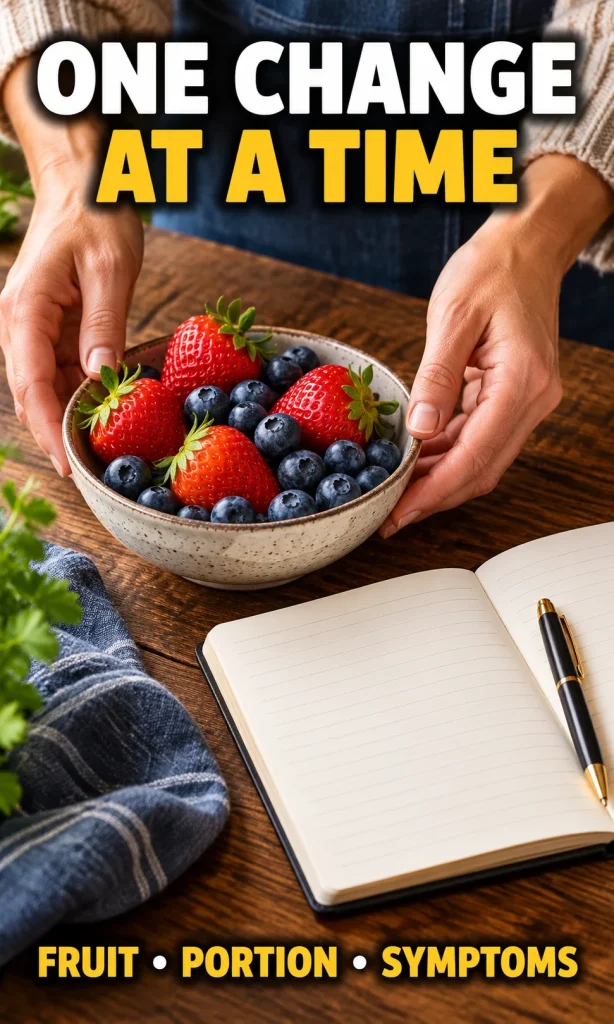Bowl of berries beside a blank symptom diary with a reminder to record fruit, portion, and symptoms
