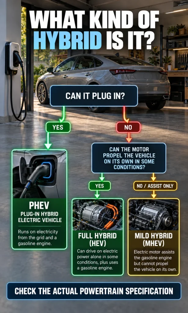 Decision guide identifying mild hybrid, full hybrid and plug-in hybrid vehicles by charging capability and electric propulsion role