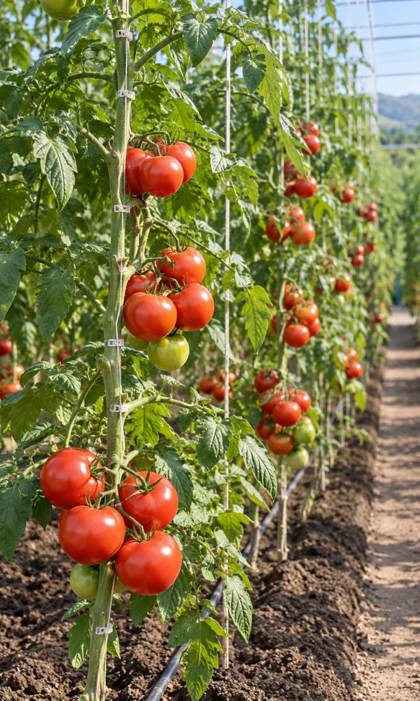 Indeterminate tomato plants trained vertically using string trellises in a high-density garden setup.