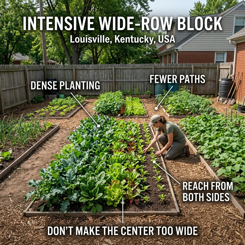 Intensive wide-row block garden in Louisville, Kentucky, showing dense crop bands with reduced paths and reachable growing widths.