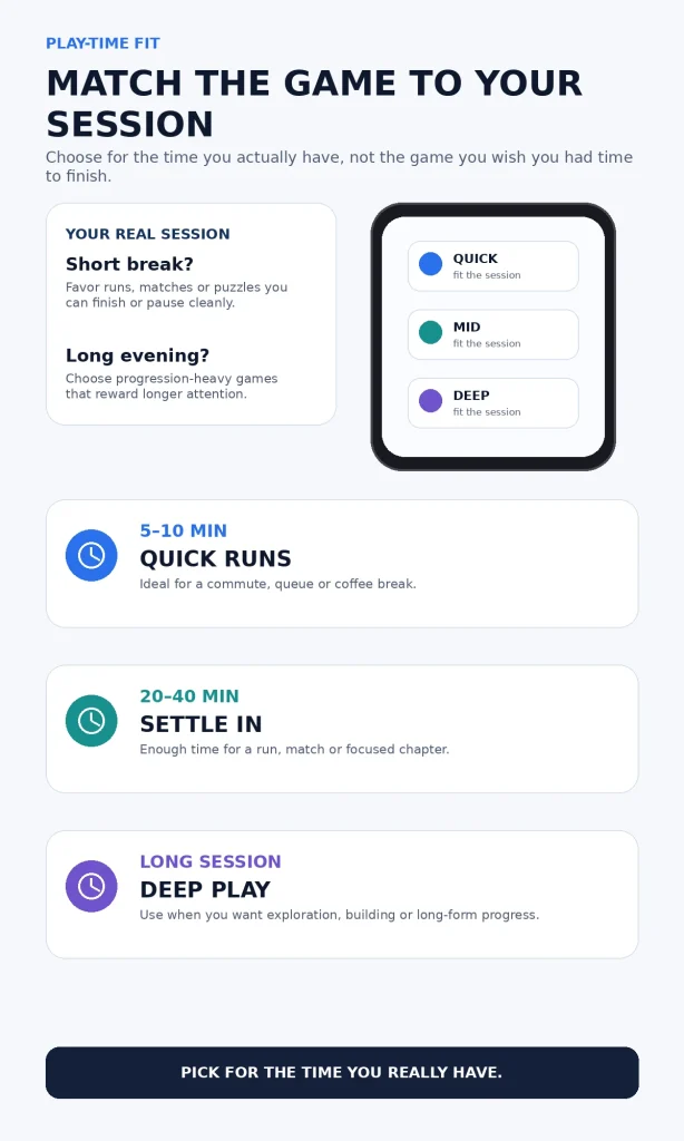 Three play-session lengths matched to quick runs, medium sessions, and deep play beside a generic phone.