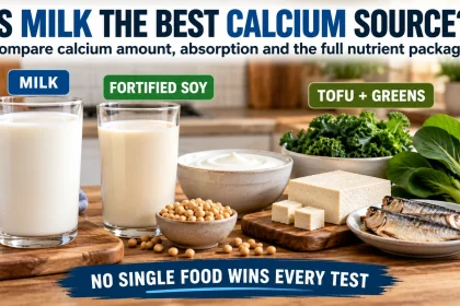 Calcium-rich foods including milk, fortified soy drink, tofu, yogurt, sardines and leafy greens under the question of whether milk is the best calcium source