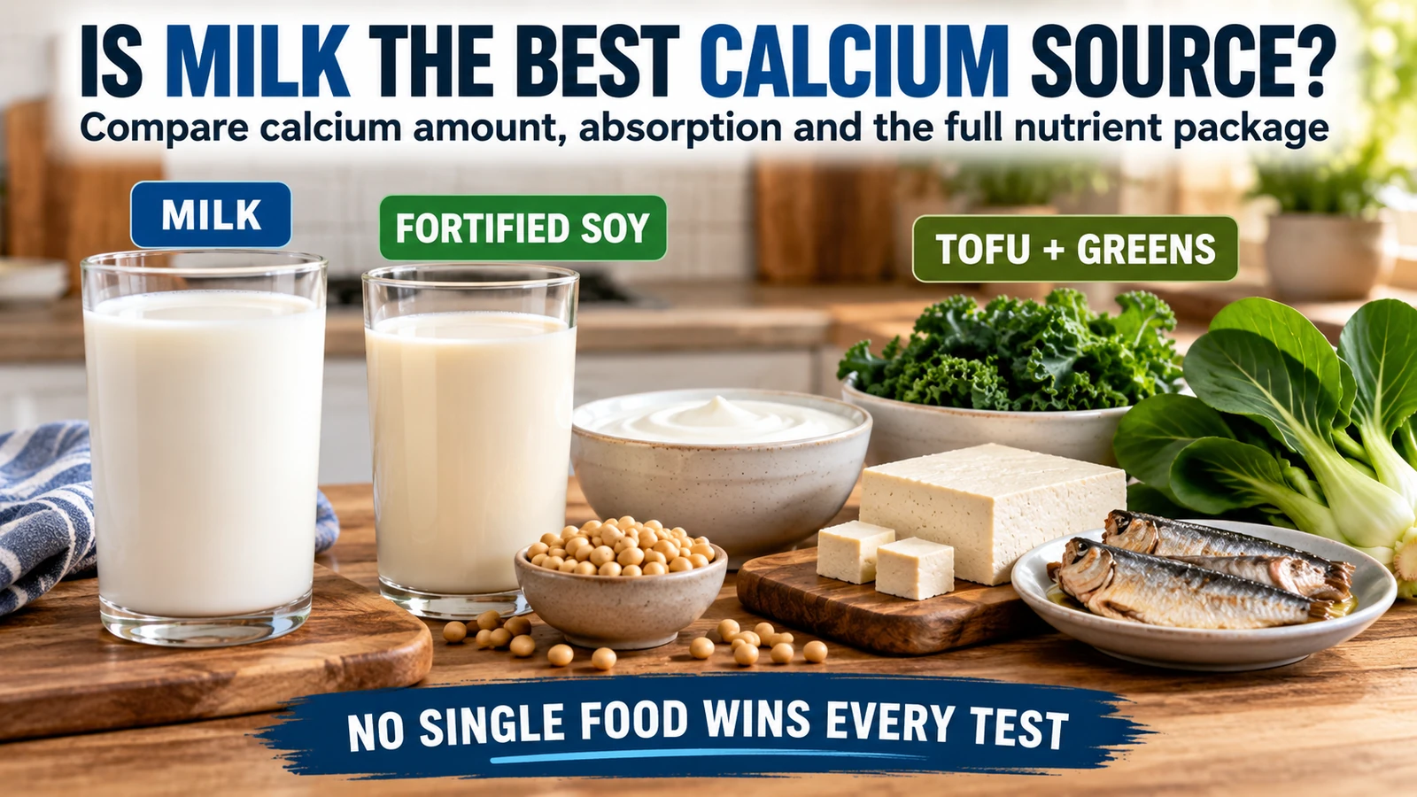 Calcium-rich foods including milk, fortified soy drink, tofu, yogurt, sardines and leafy greens under the question of whether milk is the best calcium source