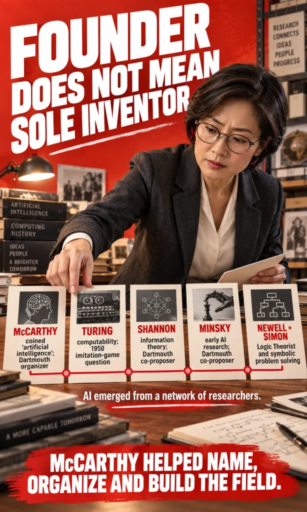 Editorial decision graphic showing John McCarthy alongside other early artificial intelligence contributors to explain that founder does not mean sole inventor