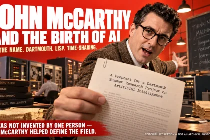 Editorial recreation of a 1950s AI researcher holding the Dartmouth artificial intelligence proposal beside early computers, with text explaining John McCarthy’s role in the birth of AI