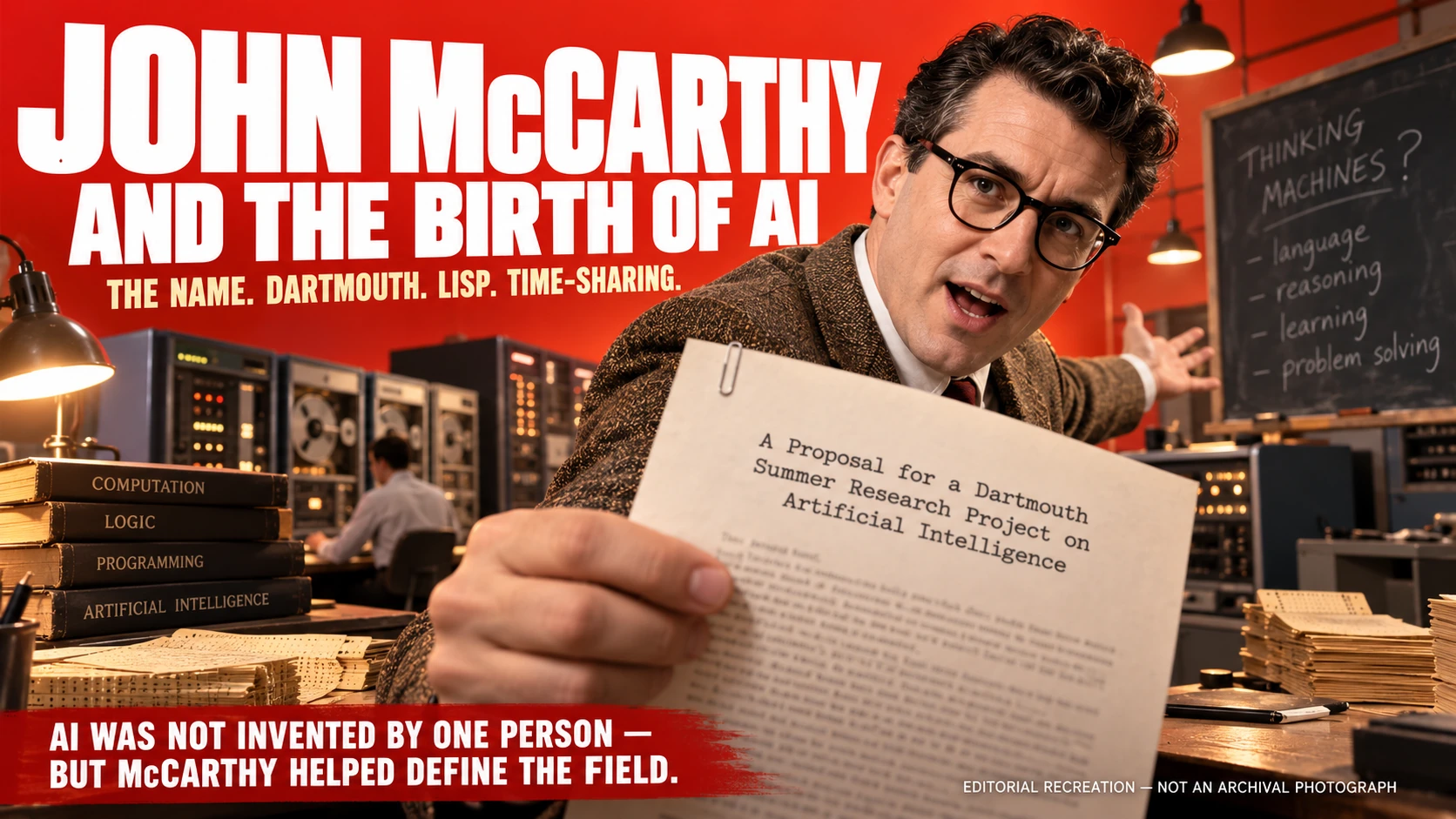 Editorial recreation of a 1950s AI researcher holding the Dartmouth artificial intelligence proposal beside early computers, with text explaining John McCarthy’s role in the birth of AI