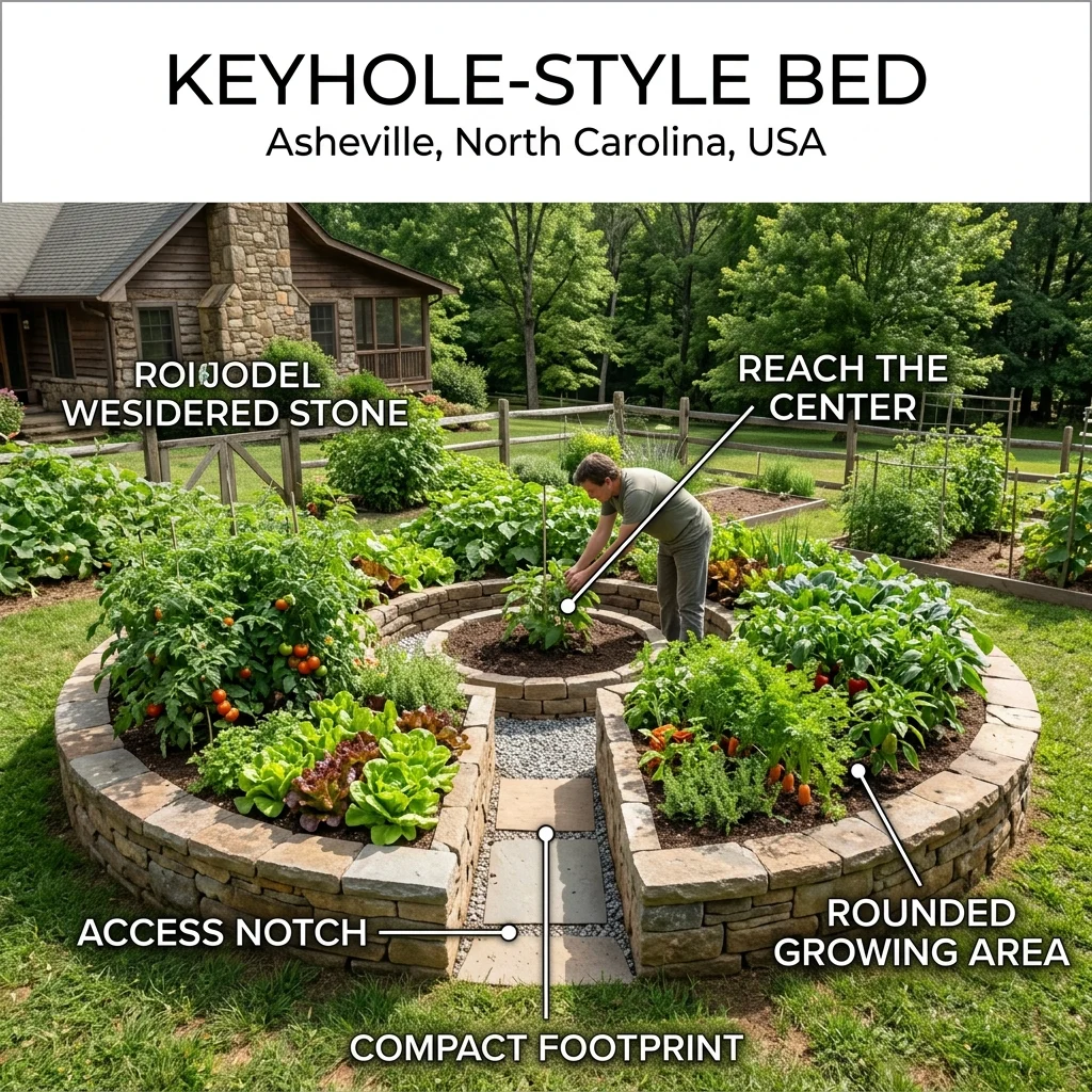 Keyhole-style bed in Asheville, North Carolina, showing a rounded planting bed with a narrow access notch and reachable central area.