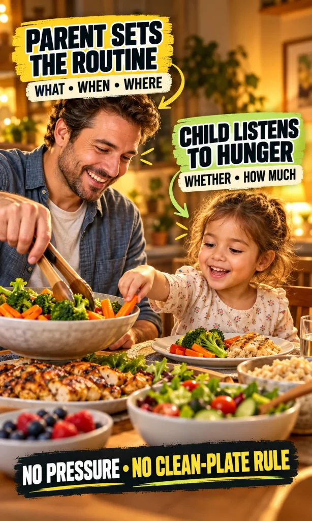 Parent serving a family meal while a child chooses from offered foods, with labels explaining adult and child feeding roles.