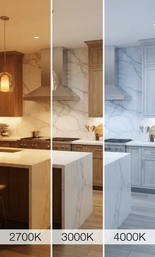 Split-screen visual comparison of kitchen illuminated under 2700K warm white, 3000K neutral white, and 4000K cool white light.