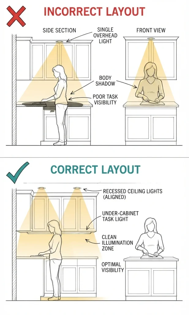 Technical architectural sketch comparing correct vs. incorrect kitchen lighting placement and shadow casting on counter surfaces.