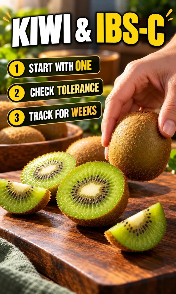 Green kiwifruit with three trial steps: start with one, check tolerance, and track for weeks