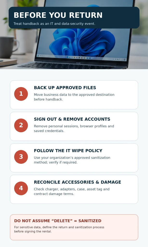 Laptop return security checklist covering approved backup, account sign-out, IT wipe policy, and accessory and damage reconciliation.