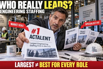 Engineering hiring manager comparing ranked engineering staffing firms with Actalent shown as the current market leader and a reminder that staffing scale differs from hiring fit.