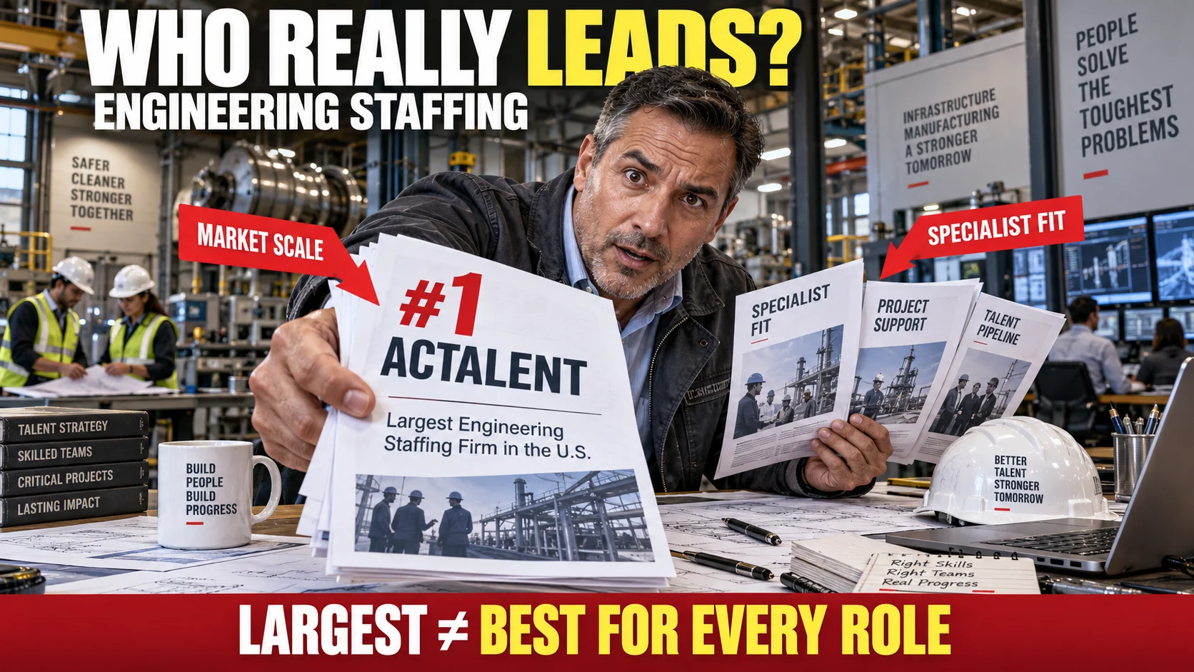 Engineering hiring manager comparing ranked engineering staffing firms with Actalent shown as the current market leader and a reminder that staffing scale differs from hiring fit.