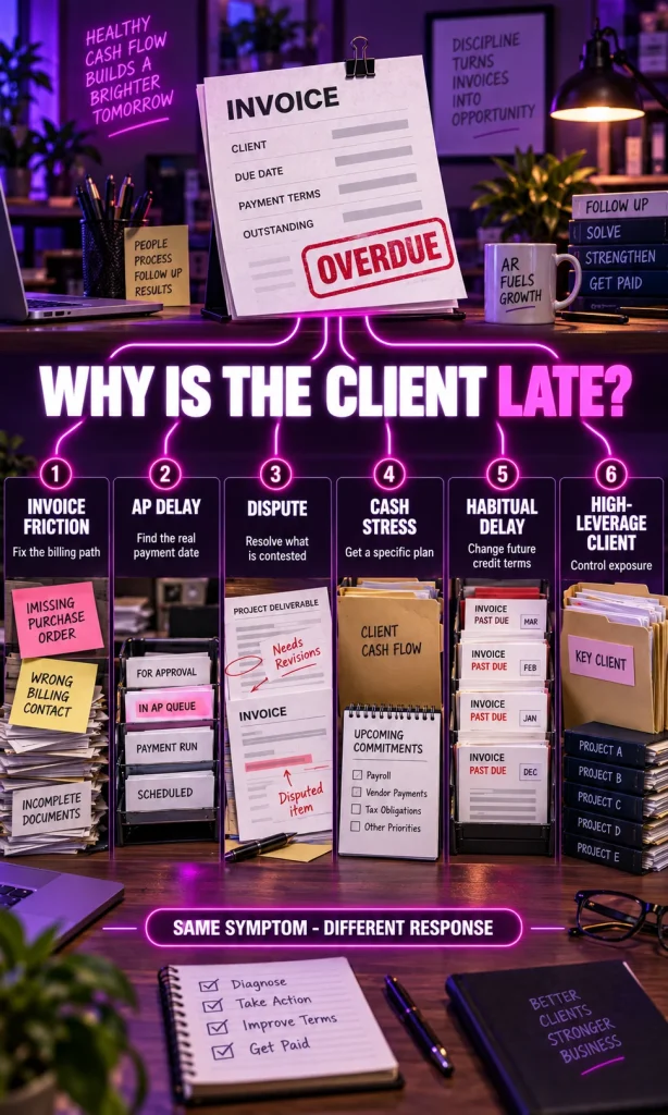 Late-payment cause matrix distinguishing invoice friction, accounts-payable delay, dispute, cash stress, habitual delay and high-leverage client behavior.